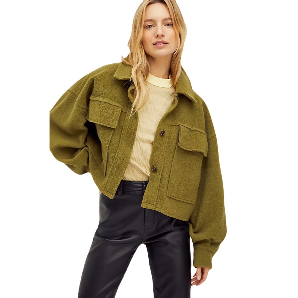 Free People Olive Green Button Up Fleece James Jacket Size L - Picture 16 of 16